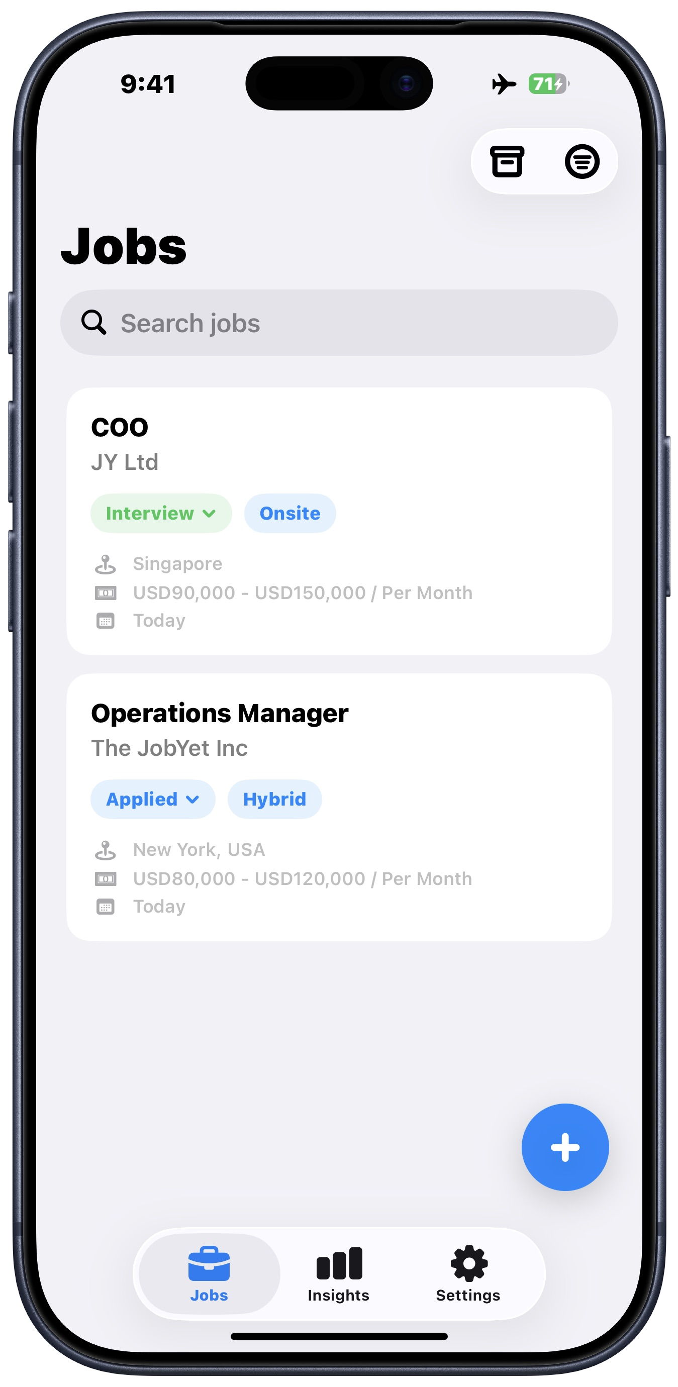 JobYet Jobs screen inside an iPhone showing saved application cards, statuses, search, and bottom navigation