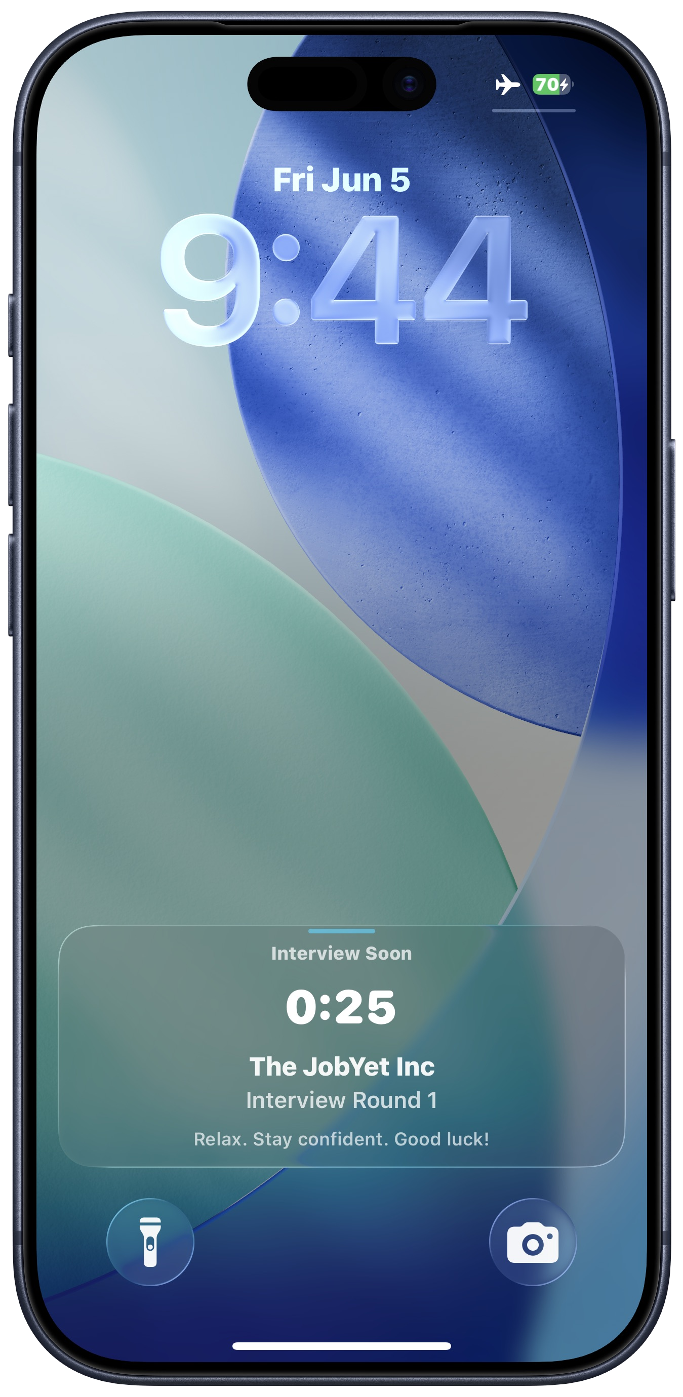 JobYet Live Activity inside an iPhone showing an upcoming interview countdown before the interview starts