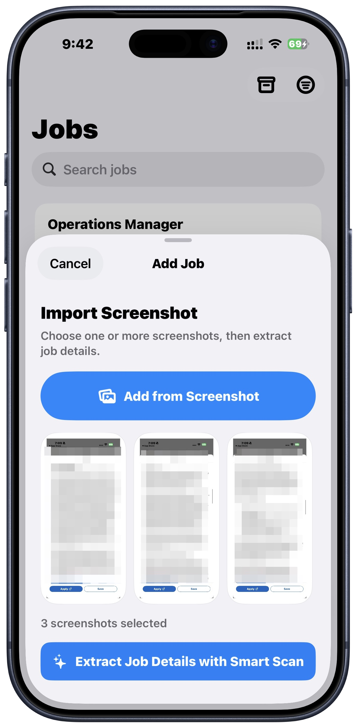 JobYet Smart Scan import flow inside an iPhone showing screenshot selection and Smart Scan extraction